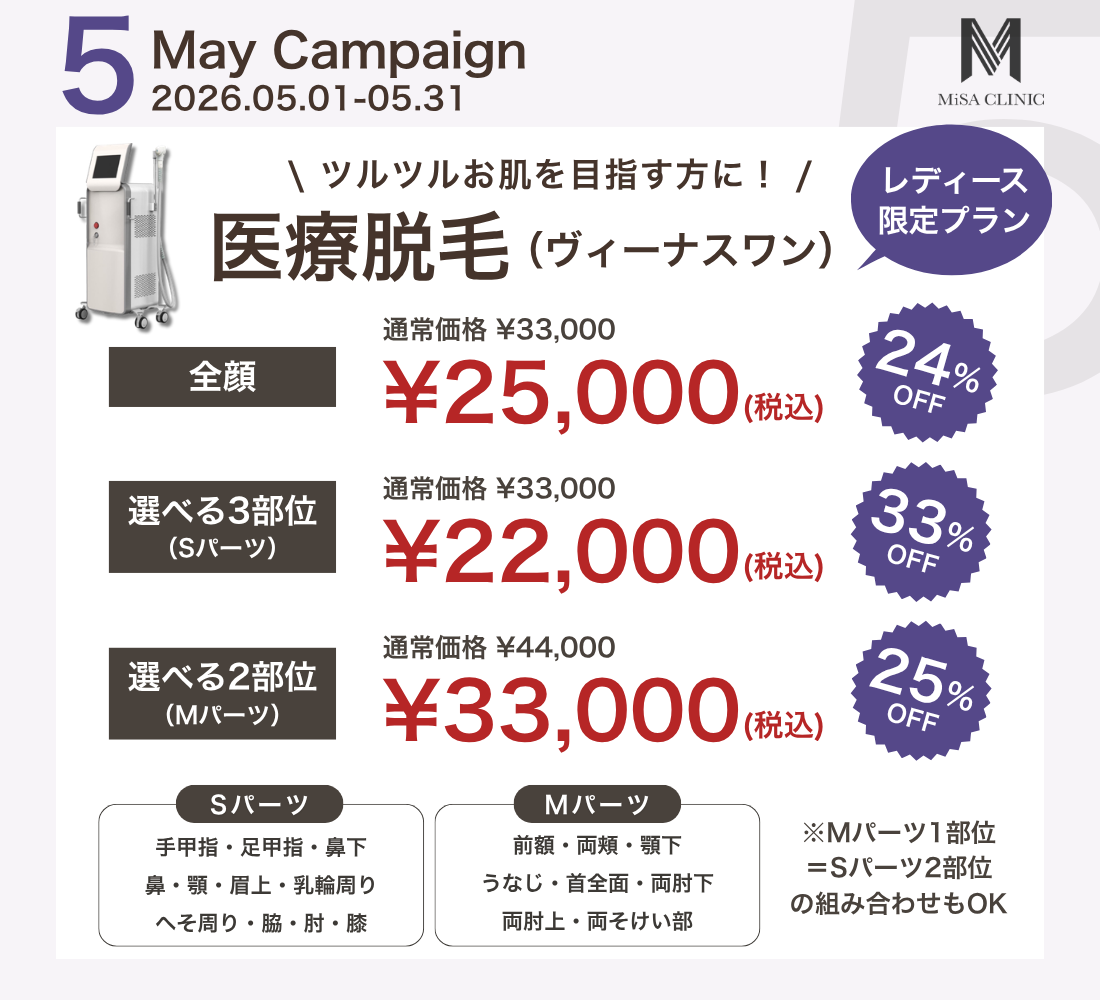 5月キャンペーン［看護師施術］レディース医療脱毛（全顔）